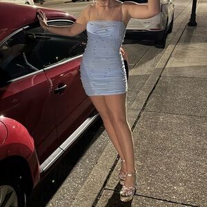 Baby Blue Ruched Windsor Formal Dress with Pearl Accents